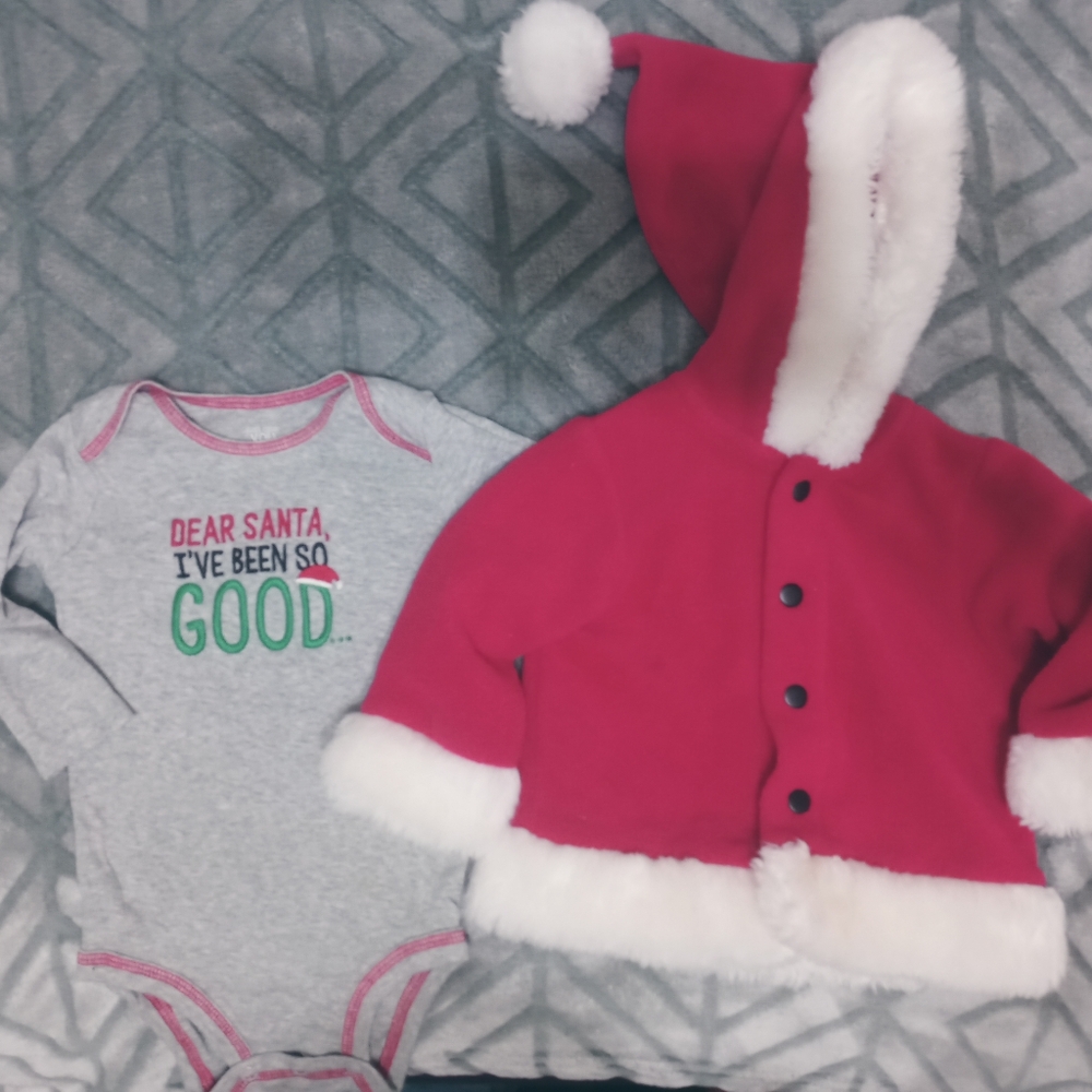🎅Santa Suit + onsie 3-6 M 2 piece fleece coat, hat & pants set + infant romper